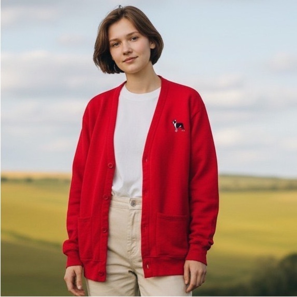 Vintage 90s Jerzees Cardigan Sweatshirt OS Red Boston Terrier Dog Made in USA